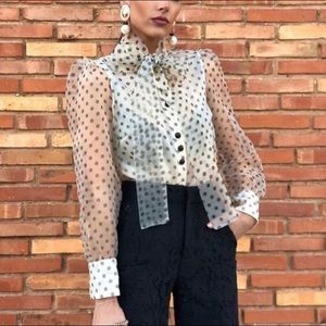 ZARA Organza Sheer Polka Dot Top with Tie and Balloon Sleeves